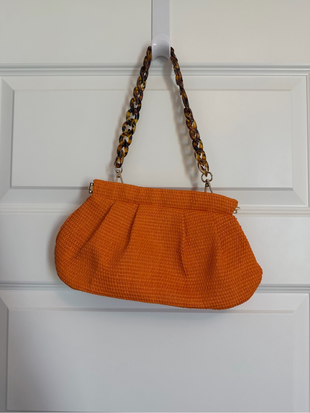 Orange Woven Shoulder Bag with Tortoiseshell Chain Strap